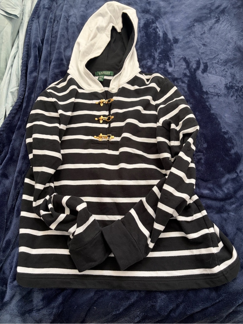 Lauren Ralph Lauren Black and White Striped Cotton Hoodie